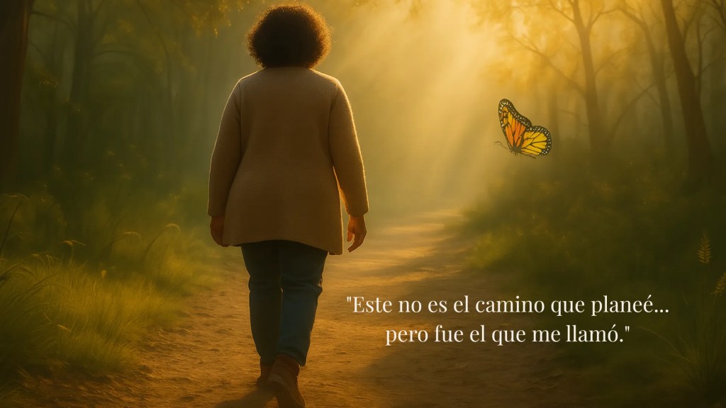 Mujer caminando sola por un sendero iluminado por el sol en un bosque tranquilo, con una mariposa monarca volando cerca, reflejando la trayectoria de LetyWoven