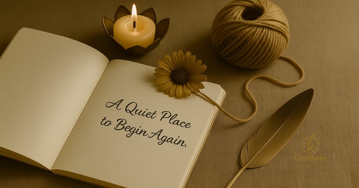 Open journal with the words “A Quiet Place to Begin Again,” symbolizing rest, burnout recovery, and gentle renewal.