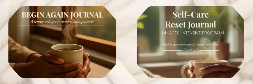 Bilingual cross-selling banner featuring the Begin Again Journal and the Self-Care Reset 4-Week Intensive Program, with a button graphic to view the full collection of guided journals for burnout recovery.
