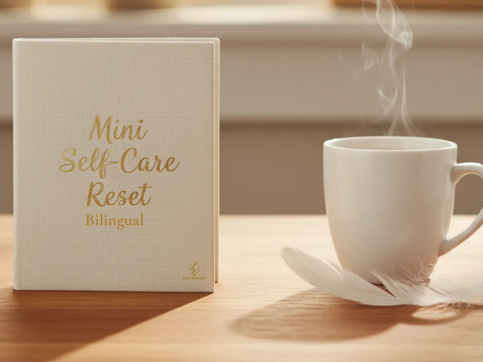Close-up photo of the "Mini Self-Care Reset Bilingual" guide cover next to a steaming mug, encouraging a pause and mindful journaling.