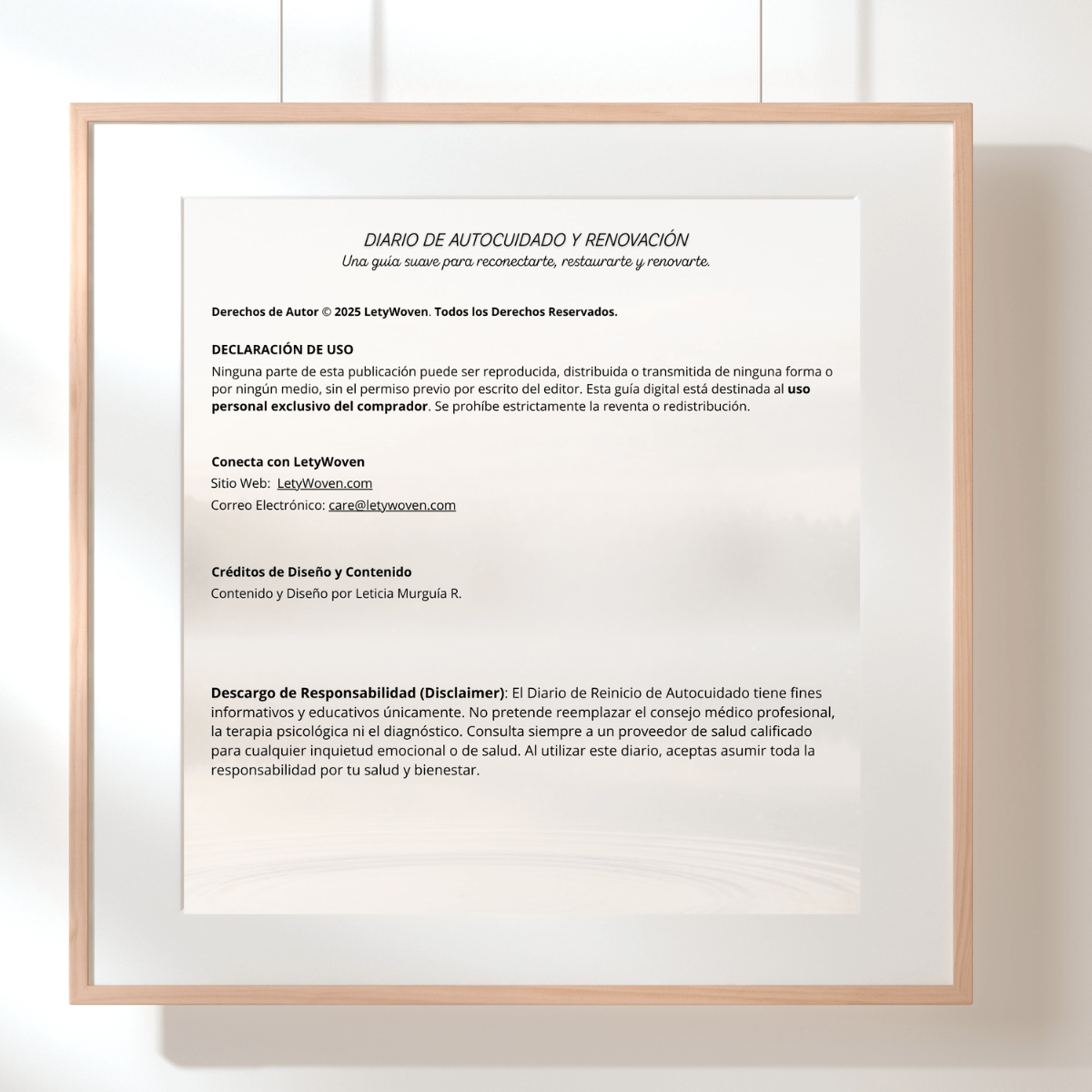 Imagen de marca LetyWoven con pluma y descargo de responsabilidad para un diario de renovación y autocuidado.