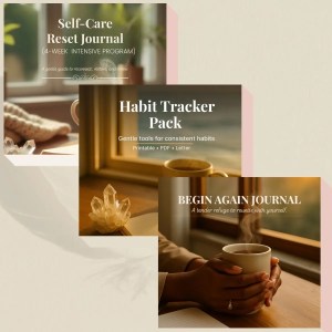 High-quality collage of the Guided Journal Bundle (Self-Care Reset, Begin Again, Habit Tracker) for healing and self-care.