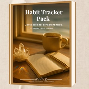 LetyWoven Habit Tracker Pack cover, featuring a crystal, mug, and open notebook in warm light.