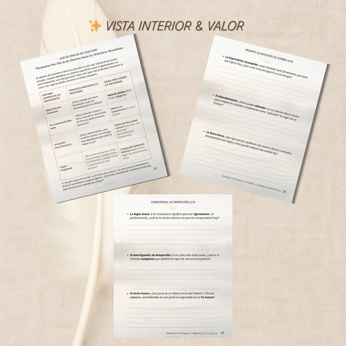 Páginas de Trabajo de Sombra y Guía de Análisis de Causa Raíz del diario digital de autocuidado.