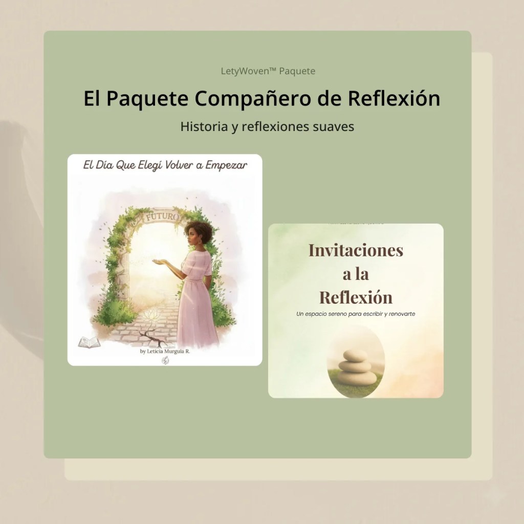 Paquete Compañero de Reflexión con cuento ilustrado y cuaderno de invitaciones suaves a la reflexión sobre fondo verde salvia
