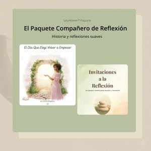 Paquete Compañero de Reflexión con cuento ilustrado y cuaderno de invitaciones suaves a la reflexión sobre fondo verde salvia