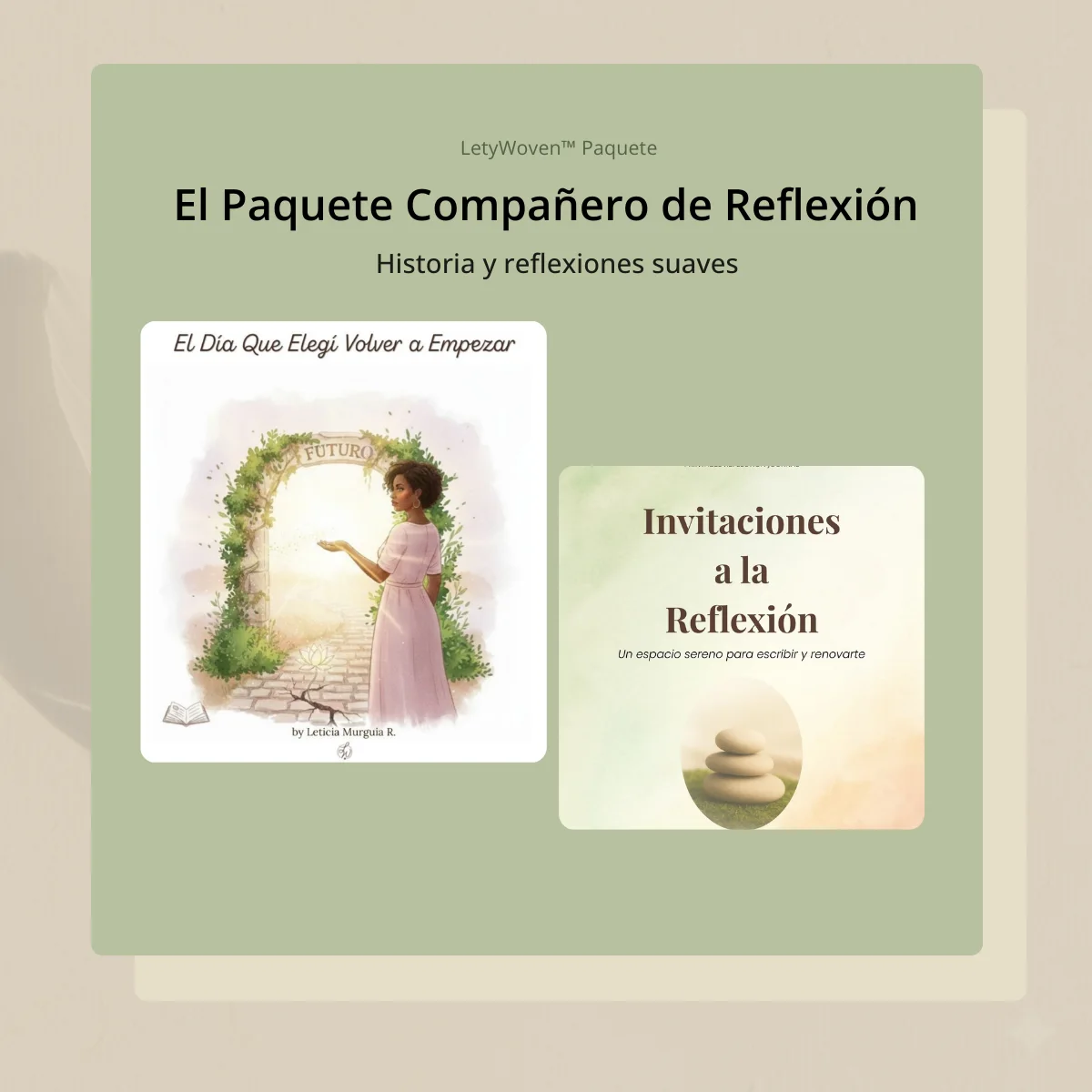 Paquete Compañero de Reflexión con cuento ilustrado y cuaderno de invitaciones suaves a la reflexión sobre fondo verde salvia