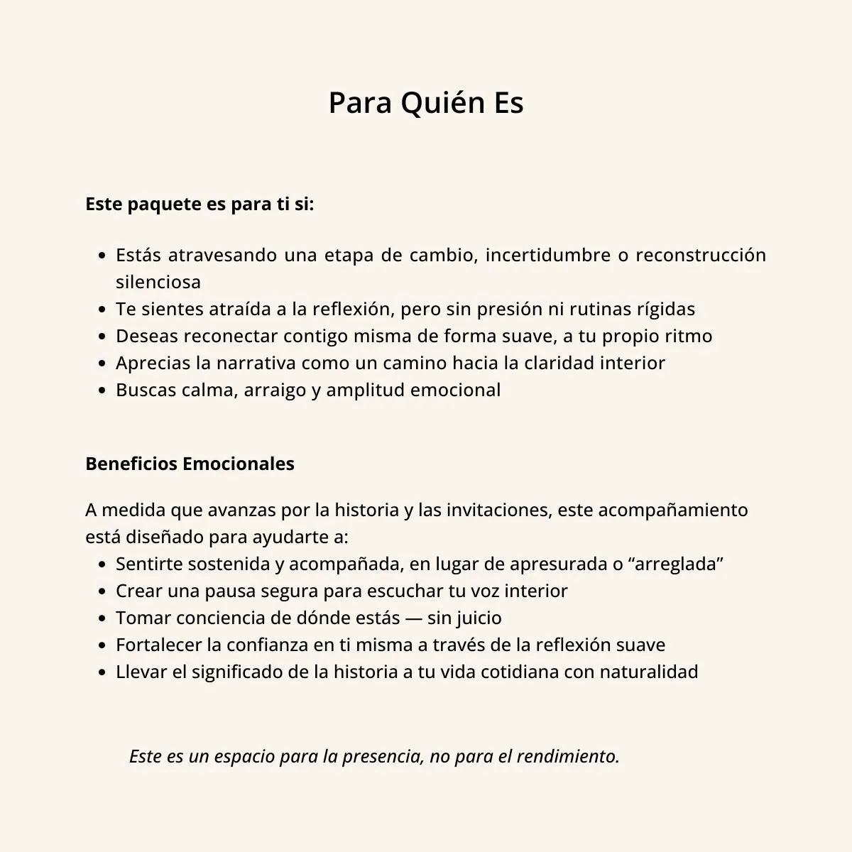 Página informativa que explica para quién es el Paquete Compañero de Reflexión y sus beneficios emocionales