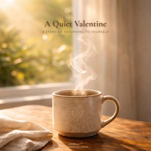 A Quiet Valentine self-love storybook cover with warm tea and steam