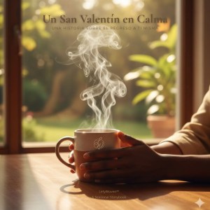 Portada de Un San Valentín en Calma con taza de té y vapor