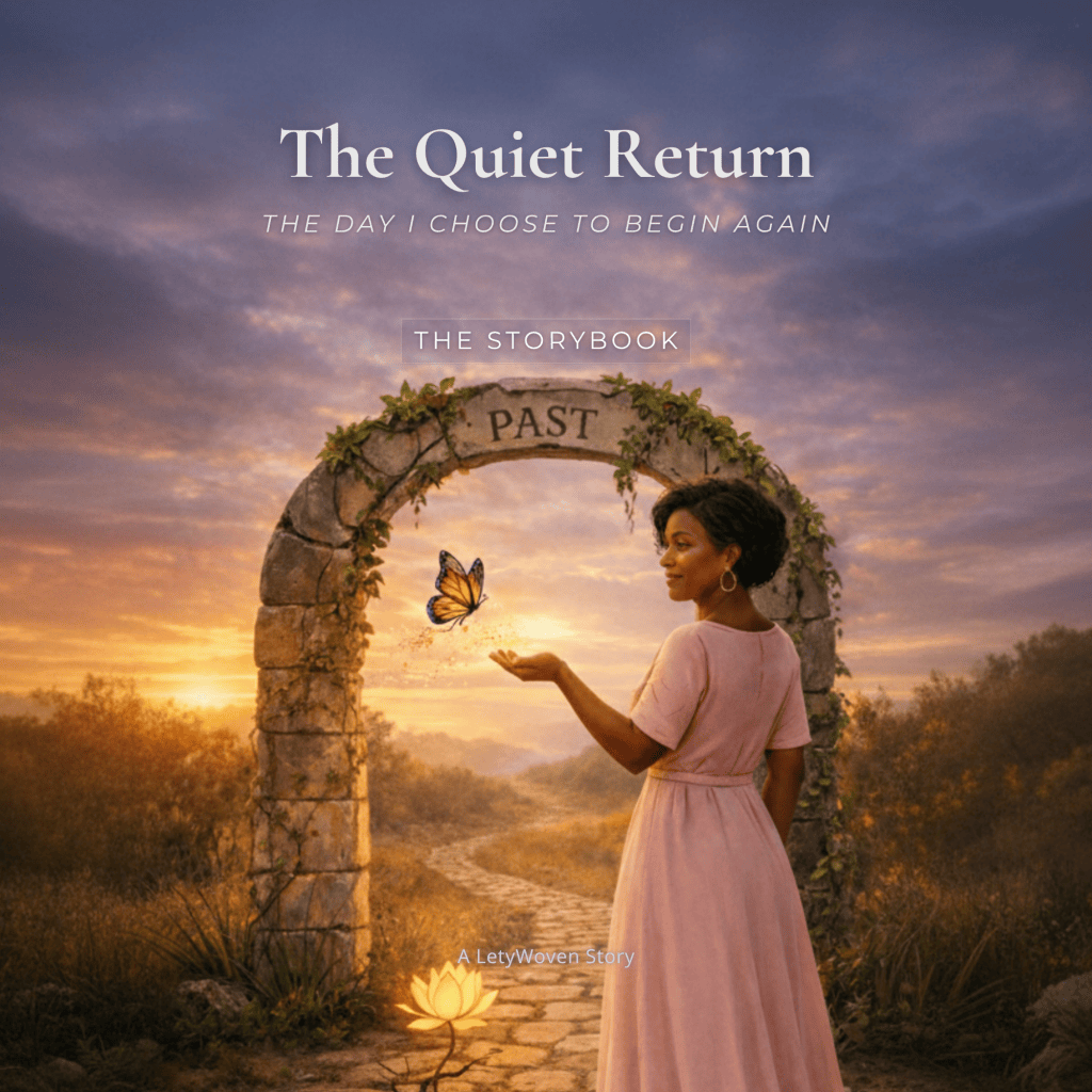 The Quiet Return storybook cover featuring a woman standing beneath a stone arch at sunset with a butterfly and cinematic golden light.