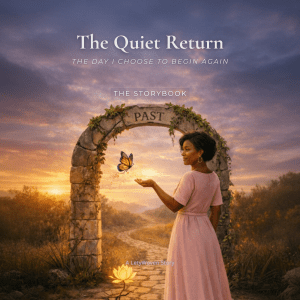 The Quiet Return storybook cover featuring a woman standing beneath a stone arch at sunset with a butterfly and cinematic golden light.