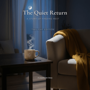 The Quiet Return Twilight Edition cover with steaming mug beside cozy chair at night